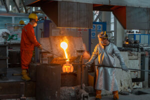 Molten metal pouring in the foundry melting shop