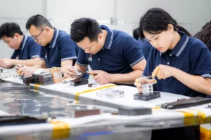 Quality team reviewing technical documents on the inspection bench